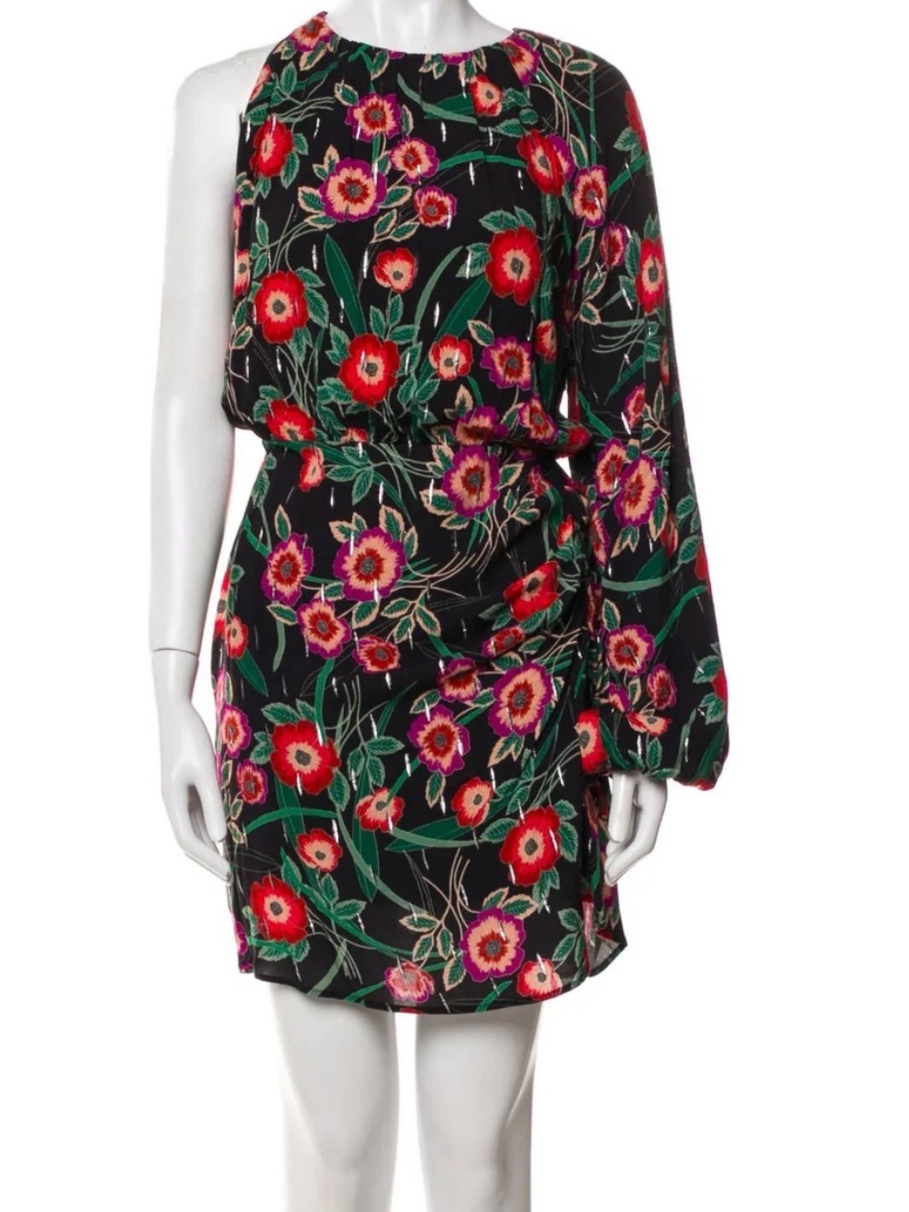 MISA Los Angeles Black Floral One Shoulder Mini Dress XS